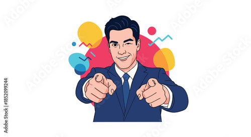 Confident and smiling businessman in a suit pointing both index fingers directly at the viewer in a recruiting gesture.