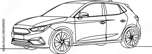 Compact car line art illustration modern hatchback vehicle with detailed wheels and sleek design black and white automotive drawing