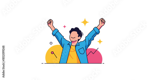 Happy and successful young man celebrating a victory with both arms raised in the air, surrounded by abstract colorful shapes.