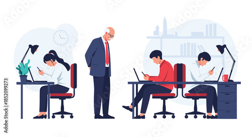 Frustrated senior manager watching his employees being distracted and using their smartphones at their desks instead of working.