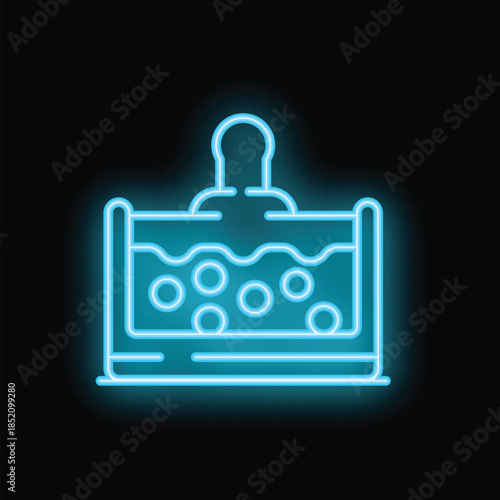 Glowing blue neon icon of a water treatment plant with a tap and bubbles representing purification