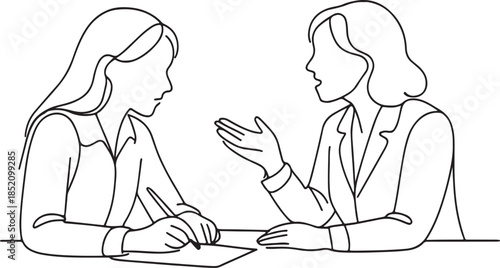 Continuous line vector of two women engaged in a conversation, one writing notes while the other explains