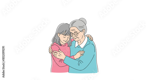 Younger woman with gray hair providing comfort and support by gently hugging her sad elderly mother or grandmother with compassion.