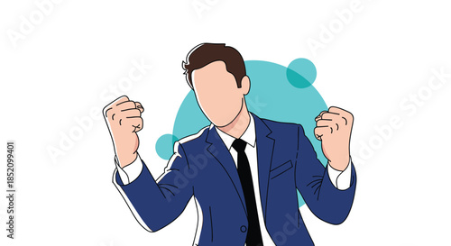 Successful and happy faceless businessman in a blue suit celebrating a victory or achievement with clenched fists in the air.