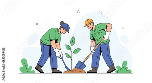 Two volunteer workers, a man and a woman, planting a young tree together to help the environment and promote conservation.