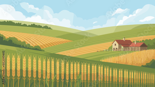 Rolling Farm Landscape Vector Illustration
