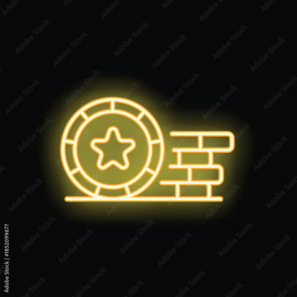Obraz premium Yellow neon sign of a casino chip rolling into a brick wall on a black background
