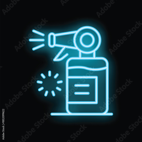 Blue neon icon of a spray bottle disinfecting, representing cleaning and sanitizing protocols