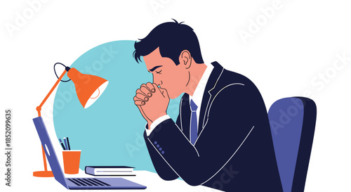 Serious businessman sitting at his office desk with a laptop, praying with clasped hands for success or help with a problem.