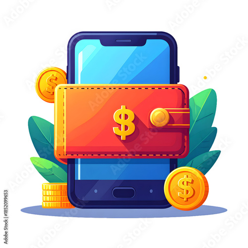 Vector illustration of a business travel concept featuring a cartoon wallet with money and credit cards alongside a suitcase and car icon for a summer holiday trip