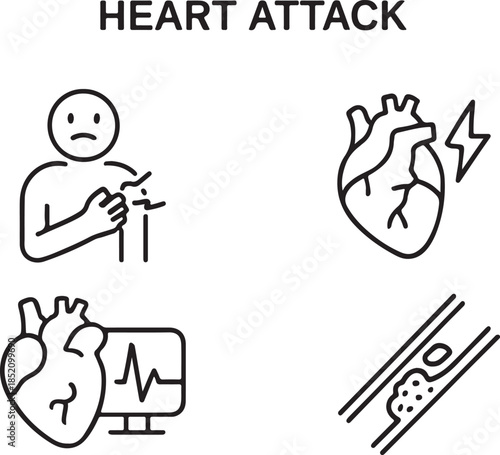  Heart attack linear icon set. Myocardial infarction