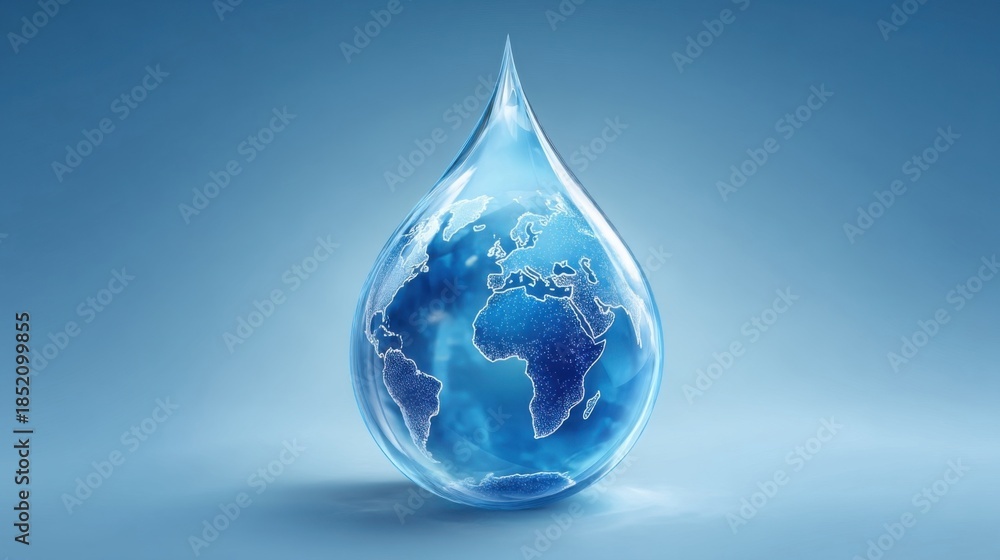 Fototapeta premium A water drop containing the continents of Earth symbolizes environmental conservation and clean water importance,