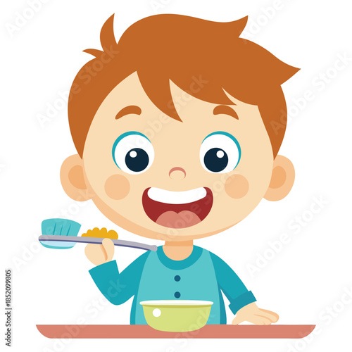 little boy eating breakfast with spoon cartoon illustration