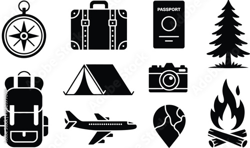 Travel and camping icon set featuring compass suitcase passport tent backpack airplane camera and campfire