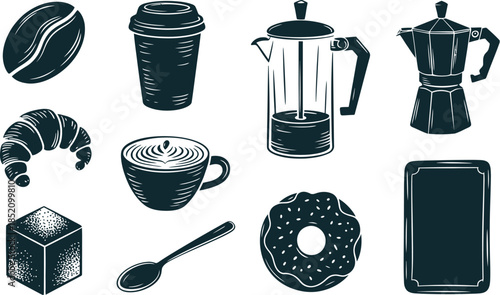 "Vintage hand drawn coffee shop icon set featuring espresso cup french press moka pot and bakery items like croissant and donut for rustic cafe branding and menu design projects."