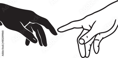 Minimalist line art of two hands touching fingers representing connection and creation in a black and white silhouette