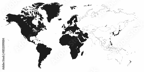 Stylized world map with continents outlined in black and white
