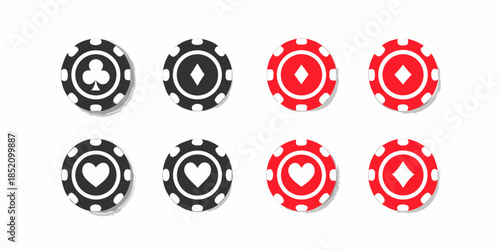 A collection of brightly colored casino chips with different suit symbols