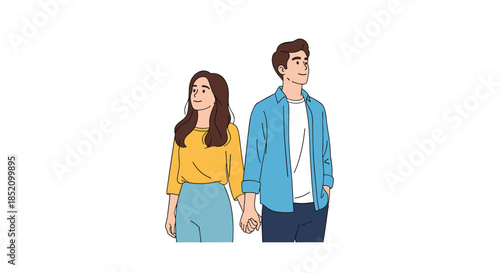 Young loving couple standing together and holding hands, looking forward with hopeful and happy expressions towards their future.