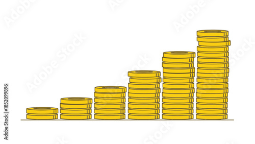 Illustration of increasing gold coin stacks in a bar graph style on a clean white background.