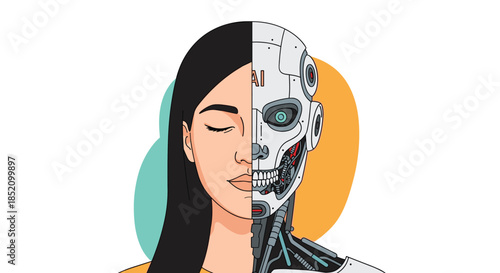 Conceptual illustration of a face split in half, showing a human woman on one side and a robot on the other, symbolizing AI.