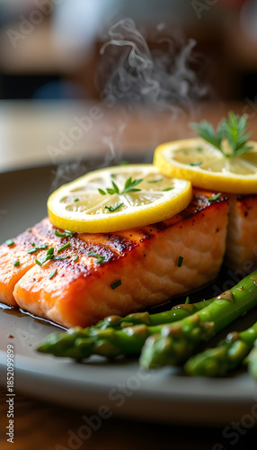 Grilled salmon fillet with lemon slices and fresh asparagus, healthy seafood dinner with steam