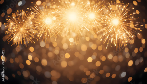 Vibrant fireworks exploding in golden light with bokeh background