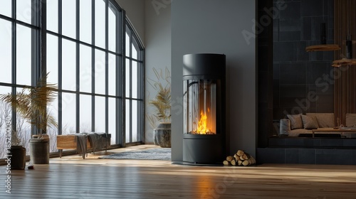 Wallpaper Mural luxury house interior with modern pellet stove contemporary living room with burning fireplace Torontodigital.ca