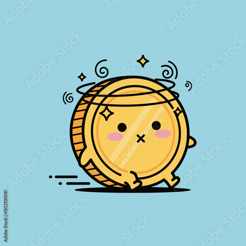 Dizzy Coin Character with Swirling Symbols and X-Shaped Mouth.