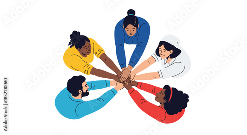 Diverse group of people standing in a circle and putting their hands together in the middle, symbolizing teamwork and unity.