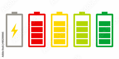 Five battery level indicators displaying varying charge states from empty to full