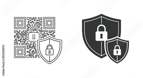 Security icons depicting shields locks and a qr code presented in black silhouette