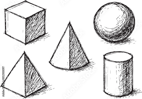 Set of fivelout line art geometric shapes including a cube, sphere, pyramid, cone, and cylinder in a rough sketch style with black ink lines