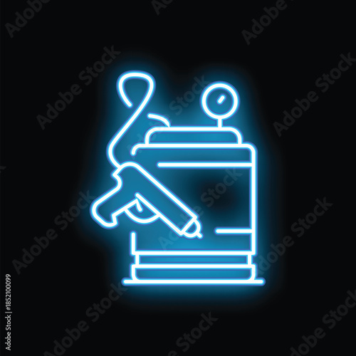 Neon sign representing a 3d printer printing a futuristic gun, with a blue glowing contour on black background