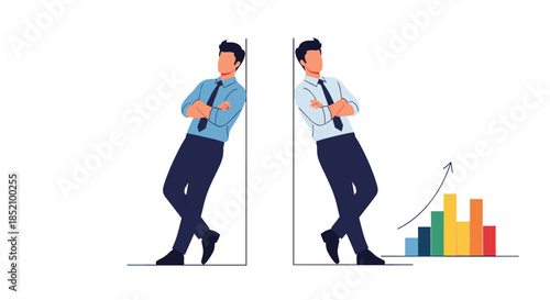 Before and after concept showing a businessman leaning against a wall, first with no results and then with a successful growth chart.