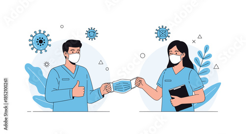 Male and female nurses or doctors in scrubs and face masks, with one handing a new mask to the other during the pandemic.