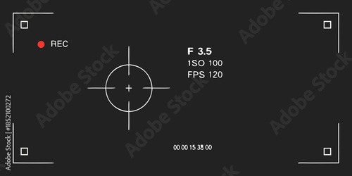 Camera recording screen with red record indicator crosshair and settings display
