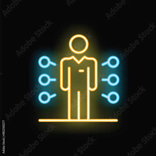 Neon sign of a businessman standing with multiple search bars around him symbolizing candidate selection for a job