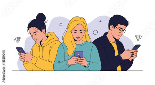 Group of young people standing together, each engrossed in their own smartphone, ignoring each other due to social media addiction.