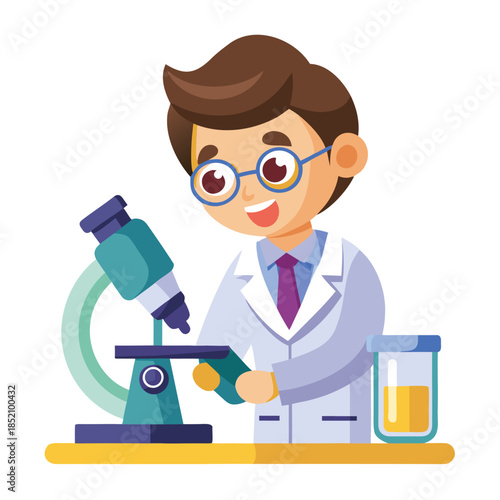 Cartoon scientist working in a laboratory using a microscope for scientific research and experiments