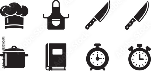 Essential kitchen tools and cooking accessories set with various culinary icons