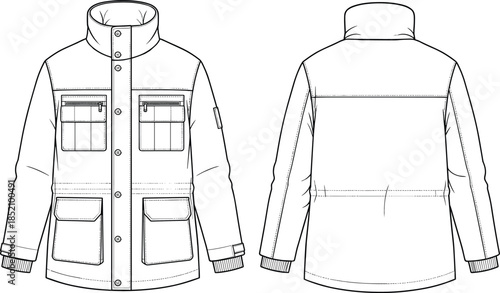 Cad drawing flat vector illustration of utility winter jacket with high collar, large front pockets, ribbed cuffs, fashion sketch design