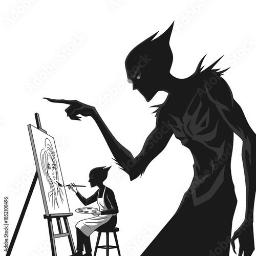 The Inner Critic: Shadow Monster Judging Artist's Work - Mental Health