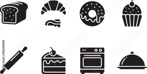 Delightful collection of bakery and kitchen icons showcasing various food items and tools