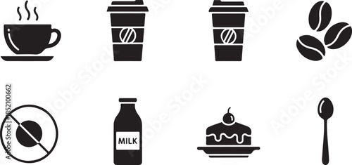 Cafe and coffee shop essential icons set featuring beverages, snacks, and related items