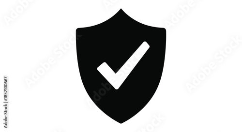 A black shield with a white checkmark inside a protective symbol silhouette