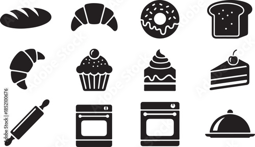 Baking and pastry icons: a collection of sweet treats, bread, and kitchen equipment