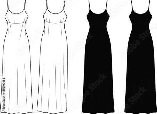 CAD drawing flat vector illustration of women’s long maxi slip dress, front and back fashion technical sketch design template