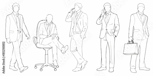 Line art illustration of businessmen in suits with phones and briefcases