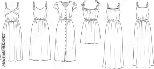 CAD drawing flat vector illustration of women’s summer dresses fashion design template, sleeveless midi and maxi dress styles